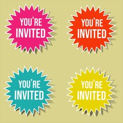 Set of icons. Collection of signs. You are invited. Blue, red, yellow, pink.  Concept. Flat style.Design. Trinket. Beige background. Stock Vector illustration. Retro. Style. Button.