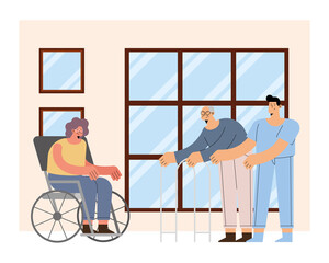 Obraz na płótnie Canvas male nurse with old man and woman