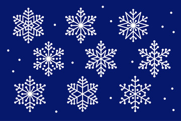 Fototapeta na wymiar Set of white line art contour isolated vector snowflakes on deep blue background. Winter season clipart design elements collection. Christmas and New Year holiday decorations. Icon or logo template.
