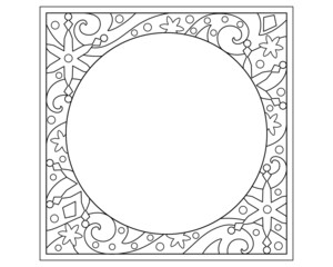 Winter square frame with snowflakes and stars - vector linear illustration for coloring. Outline. Frosty patterns - frame with place for your photo or text, round copy space