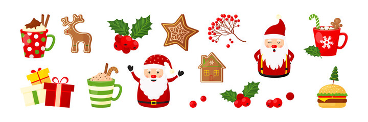 Christmas vector set, New Year decoration element collection isolated on white background. Winter holiday decoration