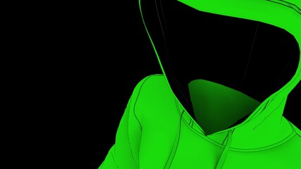 Anonymous hacker with green tone color hoodie in shadow under spot lighting background. Dangerous criminal concept image. 3D CG. 3D illustration. 3D high quality rendering.