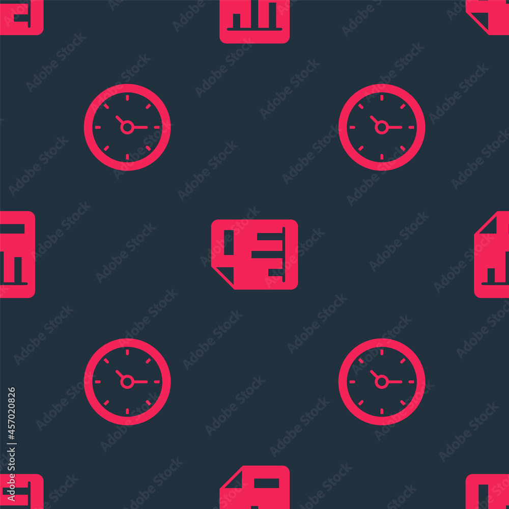 Aufkleber set clock and document with graph chart on seamless pattern. vector