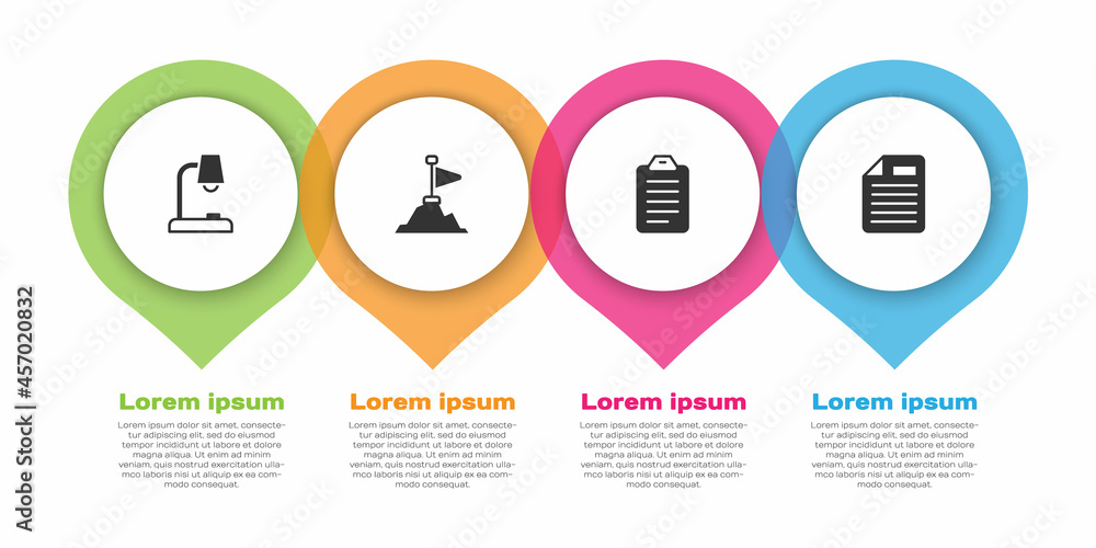 Poster set table lamp, mountains with flag on top, to do list or planning and file document. business infog