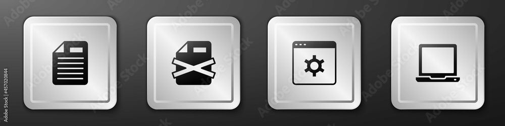 Poster set file document, delete file, browser setting and laptop icon. silver square button. vector