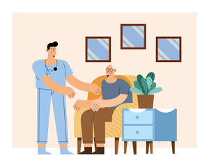 male nurse with old man on chair
