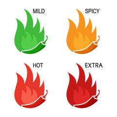 Spicy levels chili pepper vector icon. Mild, spicy, hot, extra sauce badge set. Food illustration