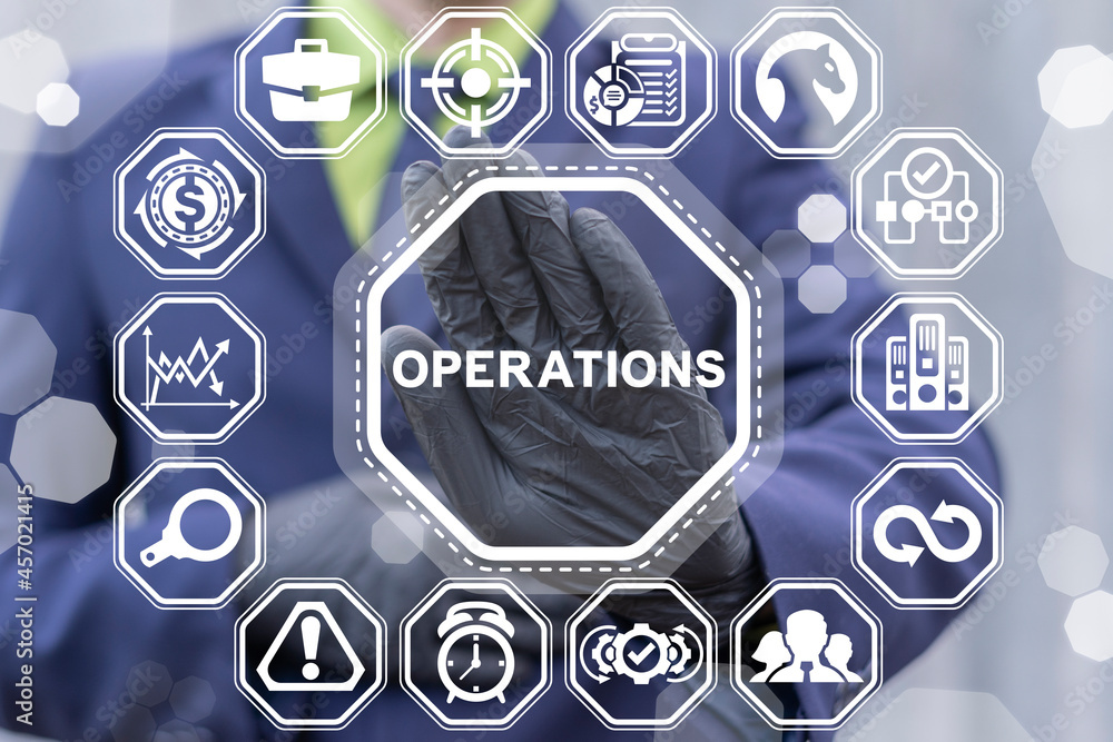 Poster concept of operations success work. business operation. businessmen using virtual touchscreen in pro