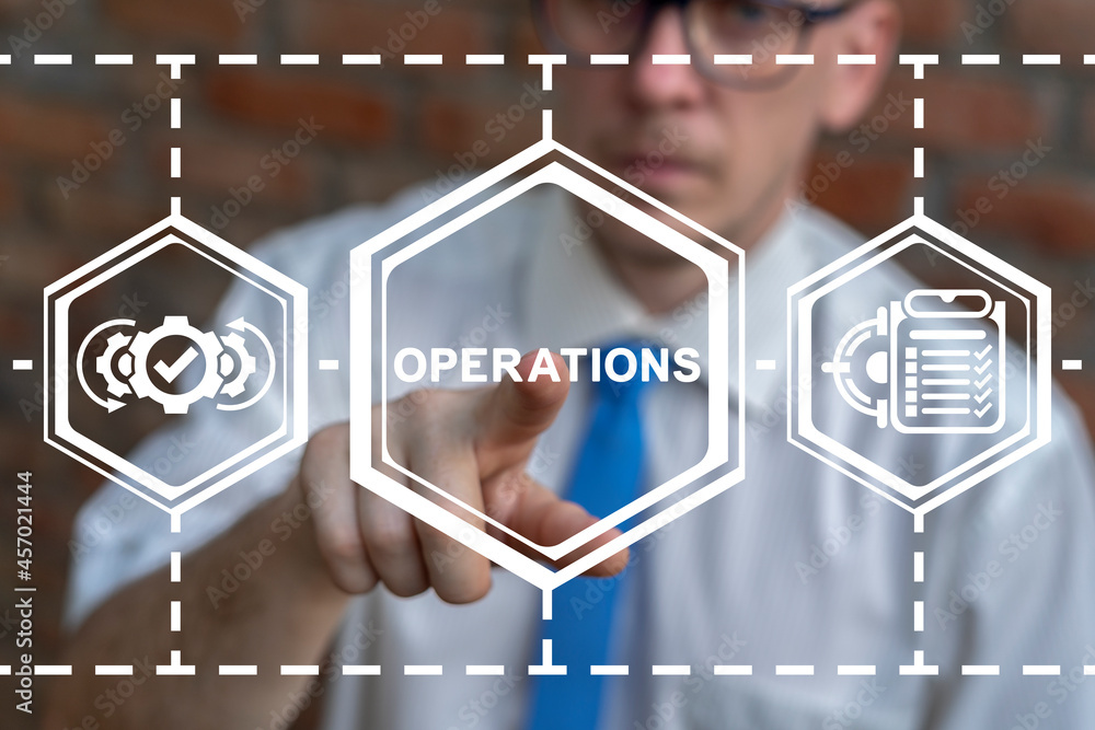 Poster concept of business operations. businessman using virtual touchscreen clicks a operations word butto