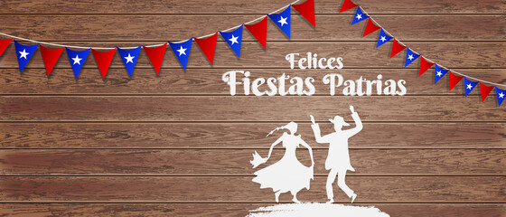 Felices Fiestas Patrias, 18 de septiembre, English translation : (Chile national holiday, 18 September) National Holidays Celebration Card.
 - obrazy, fototapety, plakaty