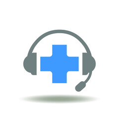 Obraz premium Vector illustration of headphones with medicine or pharmacy cross. Symbol of online medical support.