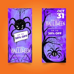 watercolor purple spider halloween banners vector design illustration