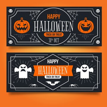 vintage halloween banners with pumpkin ghost vector design illustration