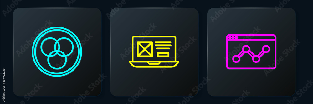 Poster set line rgb and cmyk color mixing, website statistic and ui ux design. black square button. vector