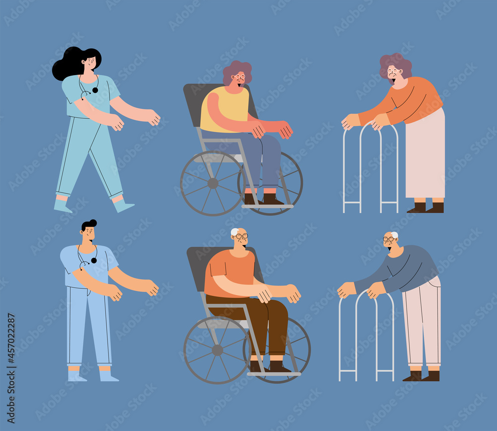 Sticker nurses and older people collection