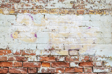 Rough plastered brick wall with cracks. Colorful texture, peeling plaster. Vintage background