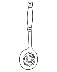 Skimmer Slotted Spoon Holes Ladle - vector linear illustration for coloring. Outline. Skimmer - Kitchen Tool - Element for coloring book, logo or sign. Kitchenware