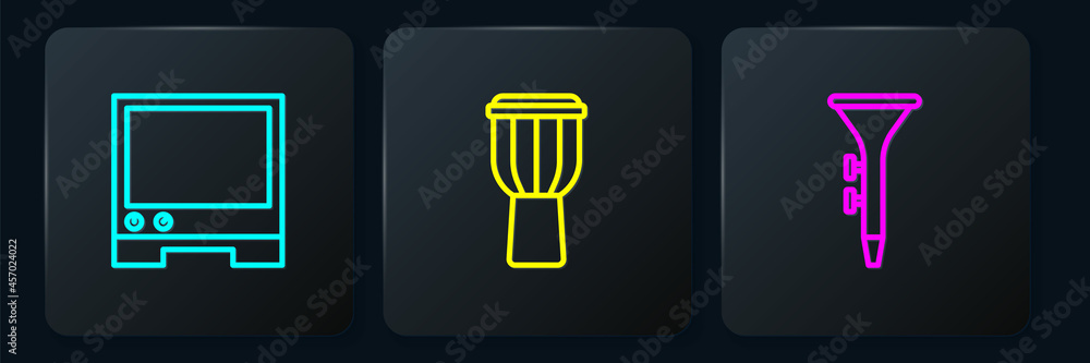 Poster set line voice assistant, drum and drum sticks and . black square button. vector