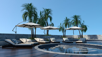 Fototapeta na wymiar 3D rendering of a summer vacation resort swimming pool with sun beds, umbrellas, palm trees and clear blue sky.