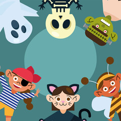 kids with halloween cloth banner
