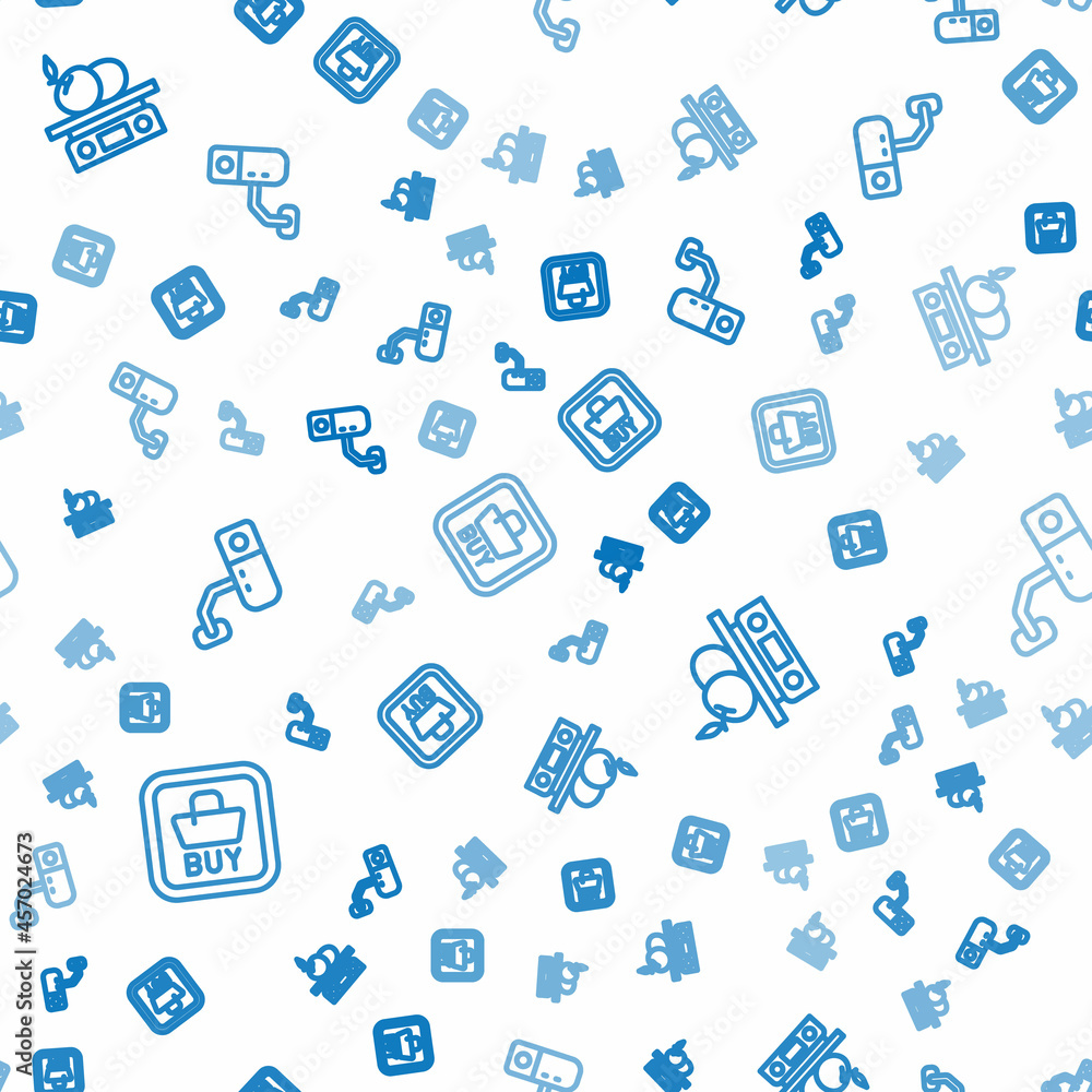 Poster set line buy button, electronic scales for product and security camera on seamless pattern. vector