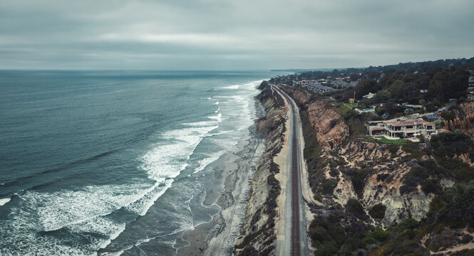 Aerial View Of Amtrak Train Tracks By The Coast In Del Mar, California