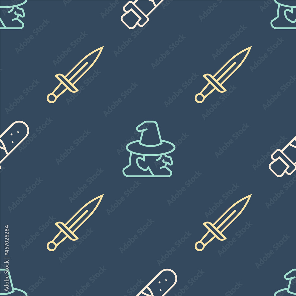 Poster set line bottle with potion, dagger and witch on seamless pattern. vector