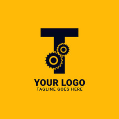 letter T with gear for technology and mechanical vector logo design