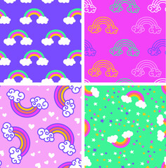Fototapeta na wymiar Pretty cute rainbow pattern. Abstract doodle vector seamless background. Design for fabric and textiles. Set of 4 designs.