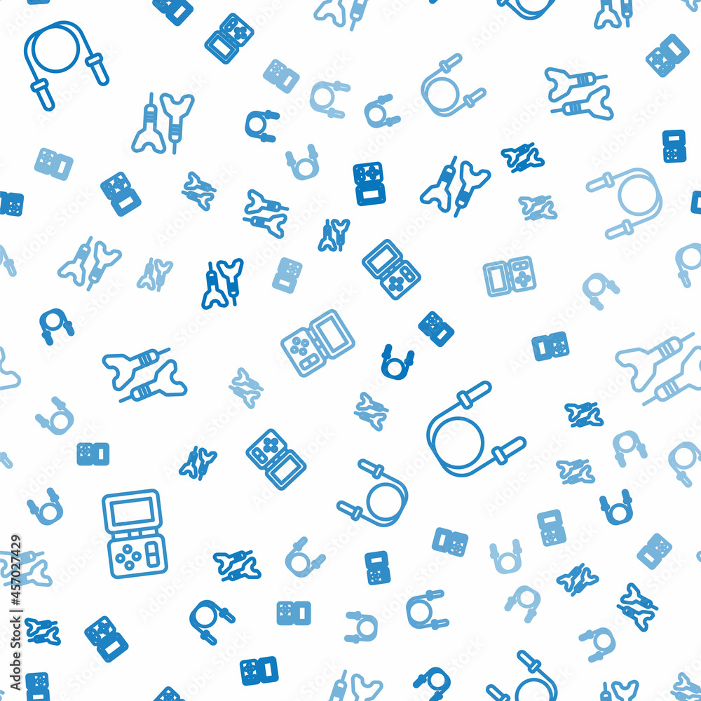 Poster set line tetris electronic game, jump rope and dart arrow on seamless pattern. vector