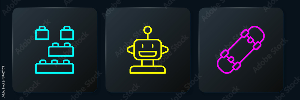 Poster set line toy building block bricks, skateboard and robot toy. black square button. vector