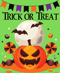 Laughing orange pumpkin, moon, bats, candies, lollipops, purple, black and orange flags on yellow background. Phrase trick or treat in black letters