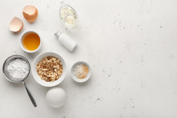 Fototapeta premium Different natural ingredients for homemade cosmetics on white background