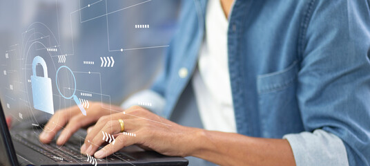 security protection data alert with businessman using laptop with pass word lock, Security protection data concept	