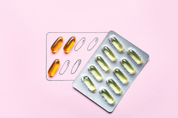 Drawn blister with fish oil pills on color background - obrazy, fototapety, plakaty