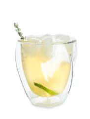Glass of cold green tea with thyme on white background