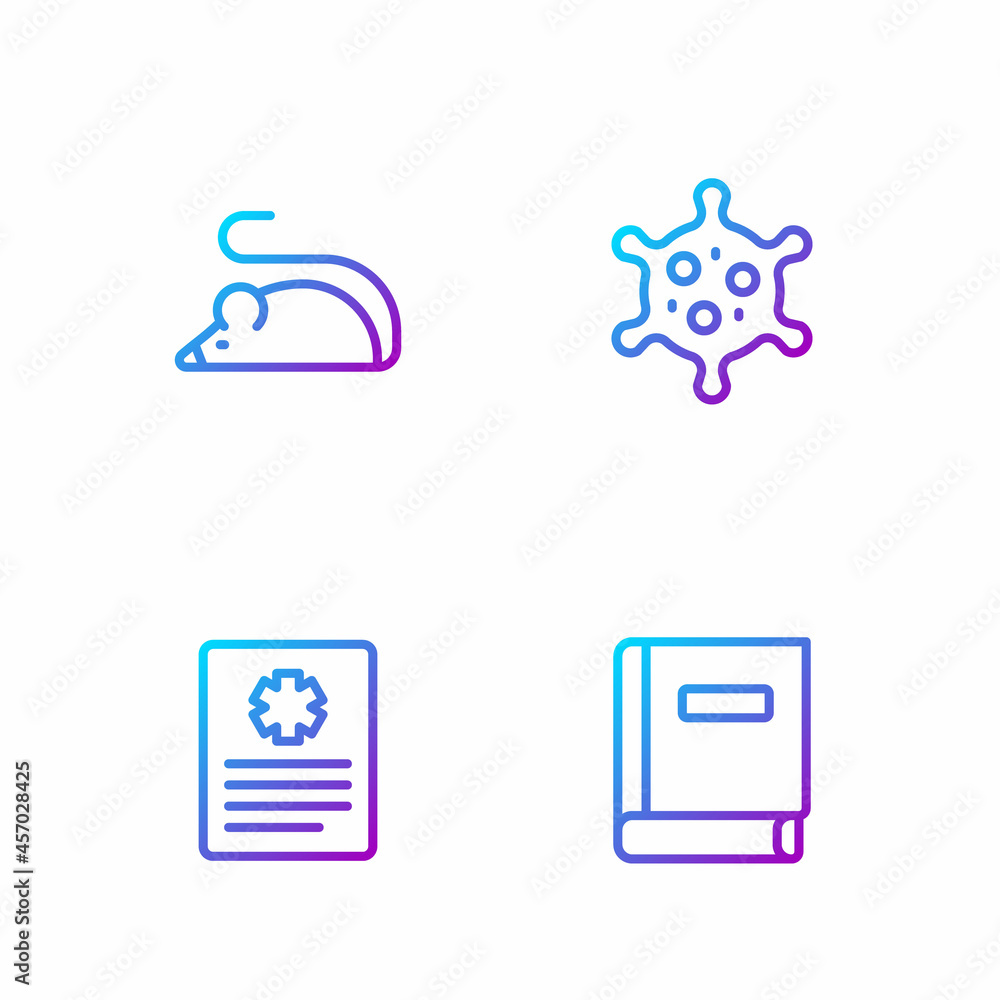 Poster set line science book, patient record, experimental mouse and virus. gradient color icons. vector