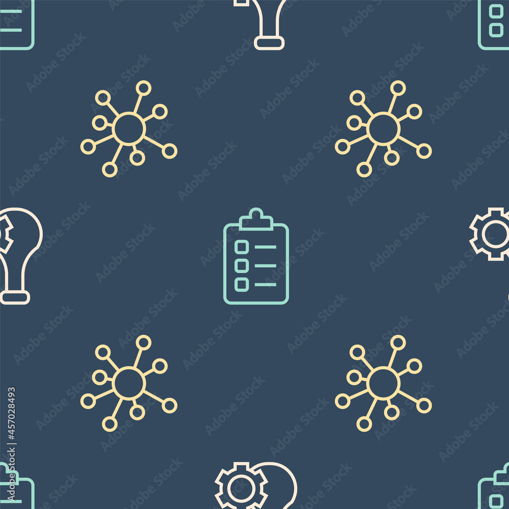 Poster set line test tube, molecule and to do list or planning on seamless pattern. vector