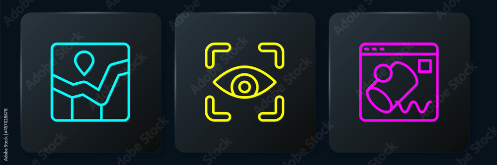 Poster set line graph chart infographic, data visualisation and eye scan. black square button. vector