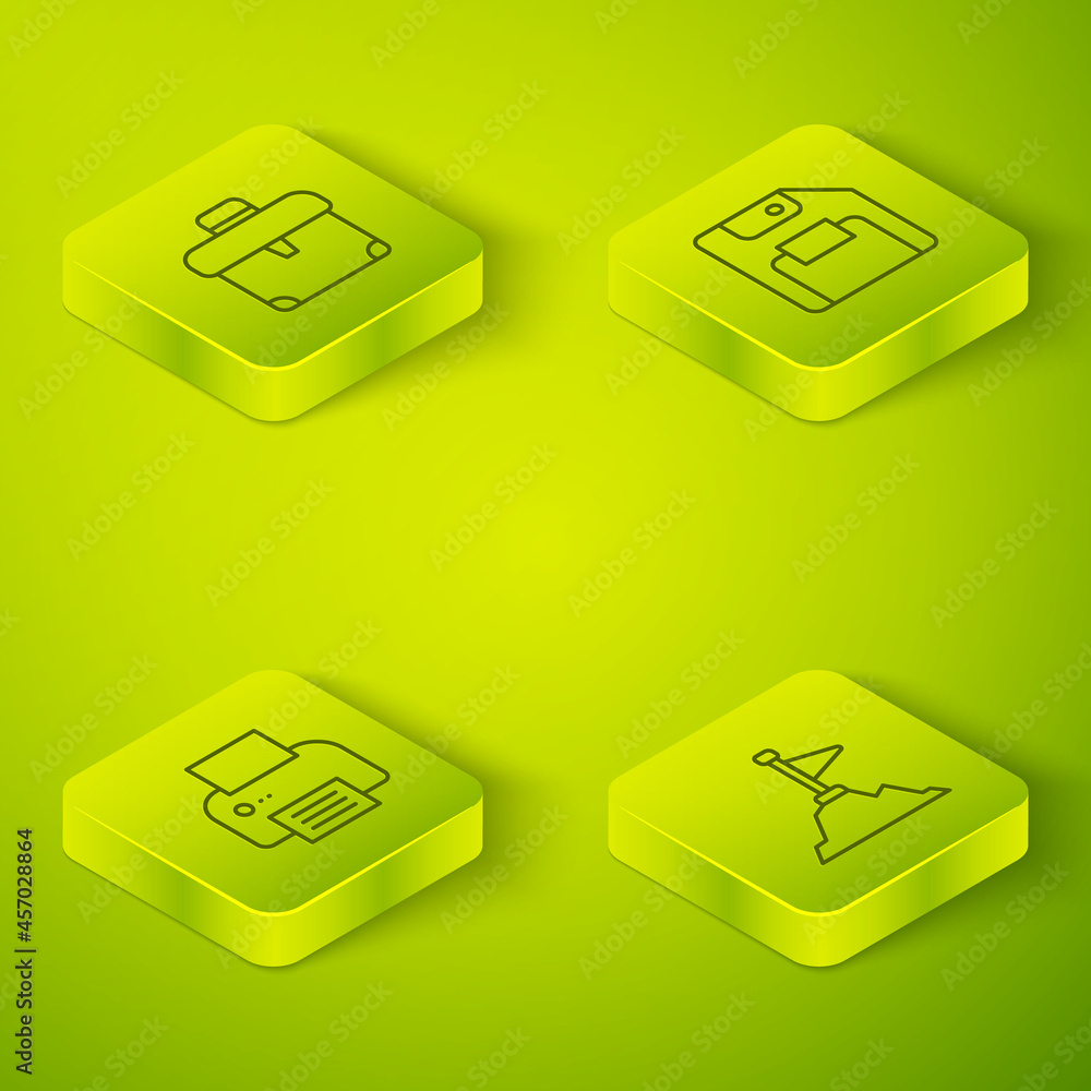 Poster set isometric line floppy disk, printer, mountains with flag on top and briefcase icon. vector