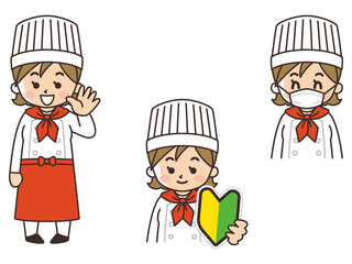 料理人の女性　求人募集　初心者マーク　マスク着用