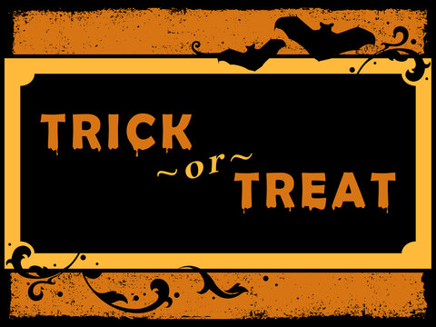 A Festive Trick Or Treat Sign With Bats And Flourishes
