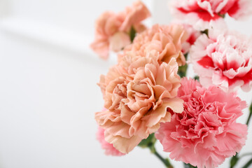 Bouquet of beautiful carnations in room, closeup