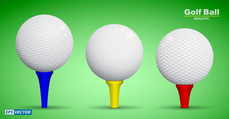 set of realistic golf ball on tee or golf ball front view or detailed white golf ball on various tee. eps vector