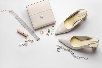 Shoes of female accessories and shoes on white background