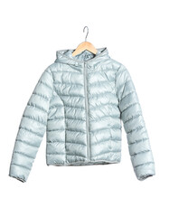 Hanger with stylish puffer jacket on white background