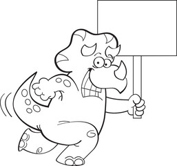 Black and white illustration of a smiling triceratops running while holding a sign. © bennerdesign