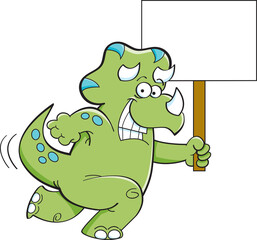 Cartoon illustration of a smiling triceratops running while holding a sign.