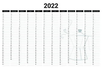2022 Black and white Year wall calendar with illustration of italian geyser coffee maker. Vector annual calendar template with spaces for notes for printing. 