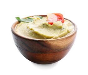 Bowl with tasty baba ghanoush on white background